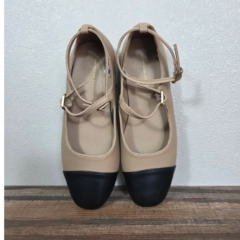 American Eagle Woman's Tan & Black Strappy Ballet Flats Size 5